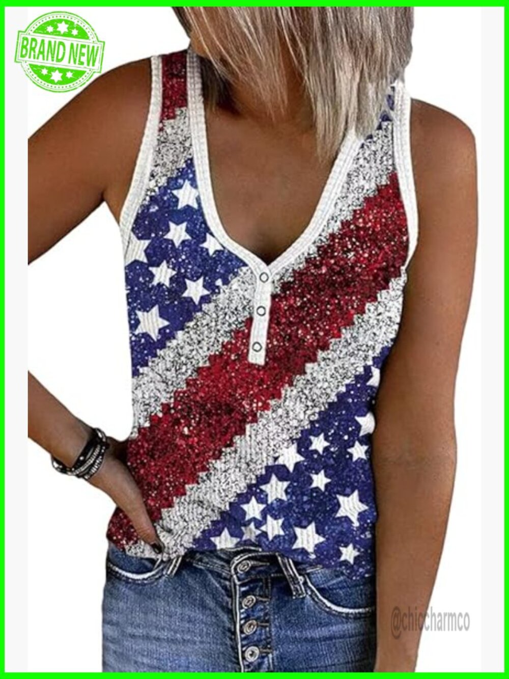 Women's V-Neck Snap Button Tank Top Patriotic American Flag Print Summer